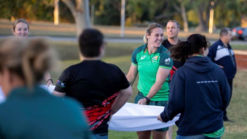 Australian Women's Sevens' captain Sharni Williams takes part in activities with participants of the Proud Warrior youth program at Lavarack Barracks. Photo: Corporal Brandon Grey