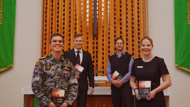 Director Submarine Operations Captain Daniel Sutherland, left, Army reservist Colonel Matt Rogerson, public servant David Coleman and Air Force Officer Cadet Lauren Hutchinson. Photo: Leading Aircraftman Adam Abela