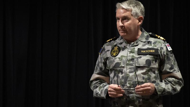 Outgoing Deputy Chief Joint Operations Rear Admiral Jaimie Hatcher during the transition of authority ceremony at Headquarters Joint Operations Command, NSW. Photo: Jay Cronan