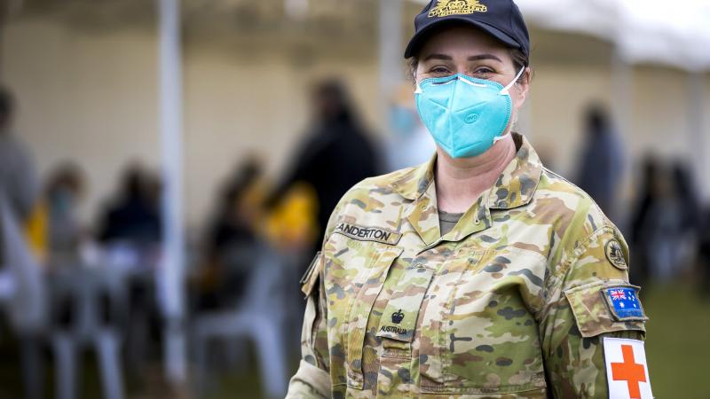 Medical officer Major Bethan Ganderton at the Dubbo mass vaccination hub as a part of Operation COVID-19 Assist. Photo: Corporal Dustin Anderson