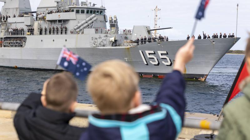 HMAS Ballarat is welcomed home to Fleet Base West, Western Australia, following her four-month deployment. Photo: Leading Seaman Ronnie Baltoft