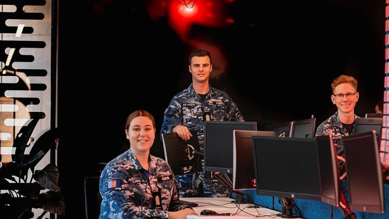 Air Force Officer Cadets Josephine Curtis, left, William Farrell and Elliot Parker, from the Australian Defence Force Academy, are training to become cyber security officers. Photo: Leading Aircraftman Adam Abela