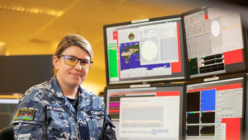 Air Surveillance Operator No. 1 Remote Sensor Unit Leading Aircraftwoman Amy Clements monitors space tracking systems at RAAF Base Edinburgh, South Australia. Photo: Leading Aircraftman Stewart Gould