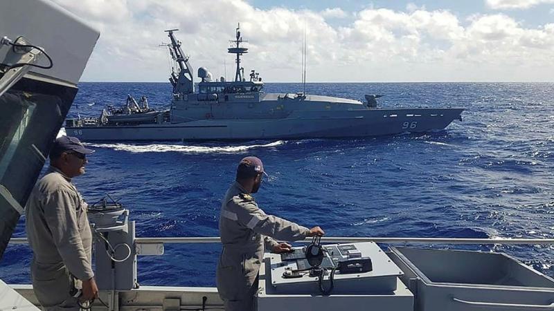 HMAS Glenelg sails in company with RFNS Savenaca between Fiji and Vanuatu as part of Operation Island Chief. Photo: Republic of Fiji Navy