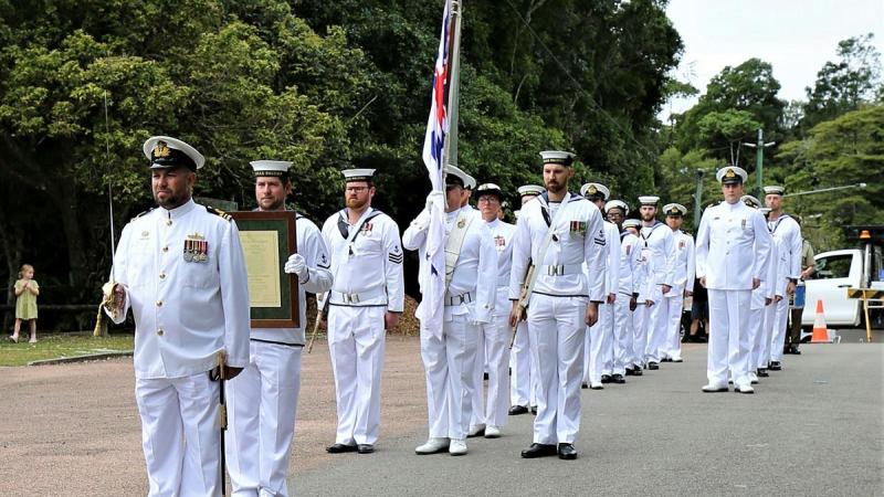 Commanding Officer of HMAS Paluma Lieutenant Commander Craig Hamilton and crew prepare to parade for their final Freedom of Entry through the ship’s namesake town of Paluma, North Queensland.