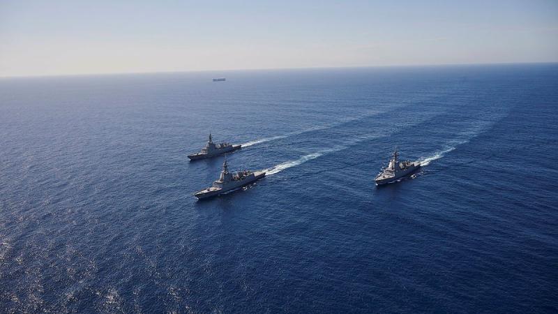 HMA Ships Hobart, Brisbane and Sydney conduct officer-of-the-watch manoeuvres in the Eastern Australian Exercise Area. Photo: Peter Beeh