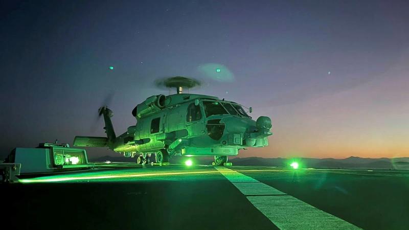 HMAS Parramatta's embarked MH-60R prepares to launch from the flight deck during Exercise Talisman Sabre.