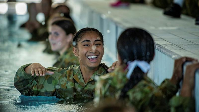 Finau Lapuaha, of the Marsden State High School rugby league team, during a familiarisation swim before tackling the over-water obstacle course at Gallipoli Barracks. Photo: Private Jacob Hilton