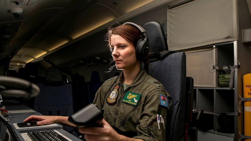 Sergeant Taryn Allen from No. 11 Squadron on board a P-8A Poseidon during Exercise Talisman Sabre 2021. Photo: Leading Aircraftwoman Emma Schwenke