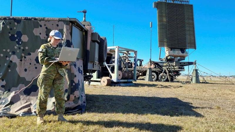 Air surveillance operator Leading Aircraftwoman Olivia Towns monitors communication systems for the No. 114 Mobile Control and Reporting Unit BlueJay system at Evans Head Memorial Airfield during Exercise Talisman Sabre.