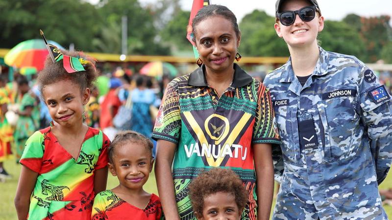 Leading Aircraftwoman Natasha Johnson, from No. 35 Squadron, mingled with locals at the Vanuatu Independence Day parade while deployed on Operation Solania.