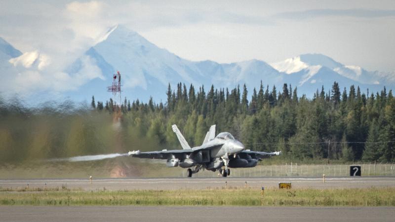 A Royal Australian Air Force EA-18G Growler, from No. 6 Squadron, taxis along the runway at Eielson Air Force Base in Alaska during the exercise. Photo: Flying Officer Bronwyn Marchant.
