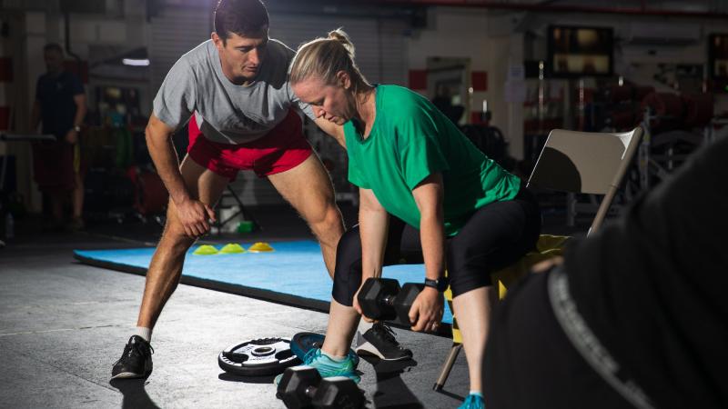 Sergeant Sean Whittington supervises during a physical training session for Australian Defence Force personnel deployed to the Middle East region. Photo: Sergeant Glen McCarthy