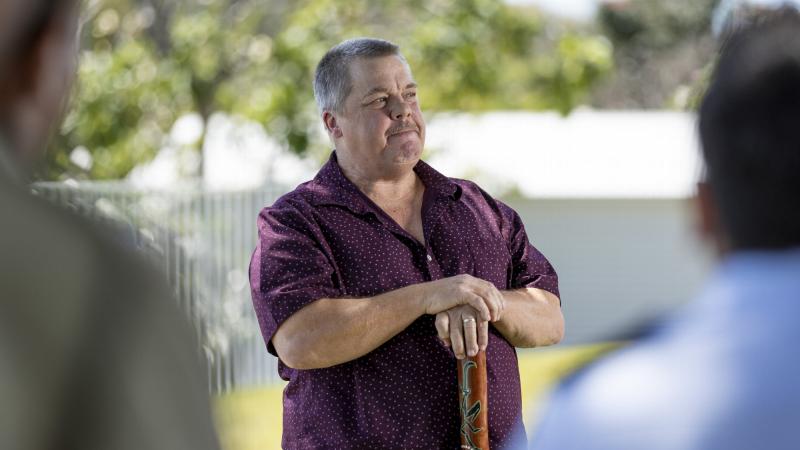 Indigenous elder David Boye speaks to guests during his enlistment ceremony in Townsville. Photo: Corporal Brodie Cross