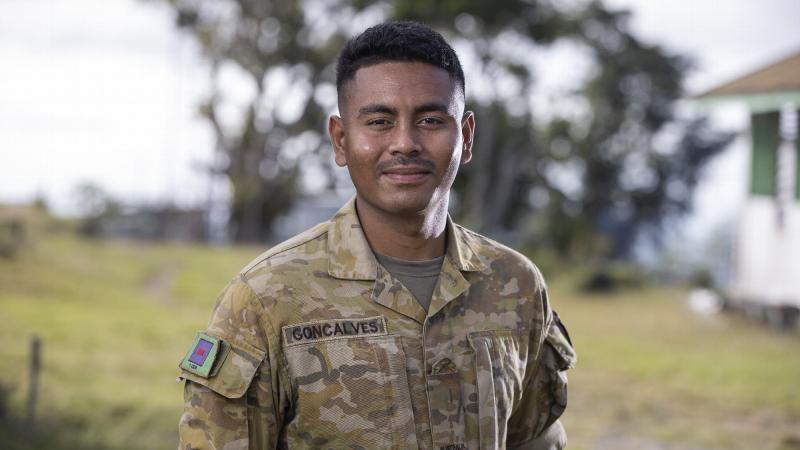 Private Noel Goncalves at the Tilomar Border Outpost in Timor-Leste during his deployed on Exercise Hari'i Hamutuk 2021. Photo: Leading Seaman Jarrod Mulvihill