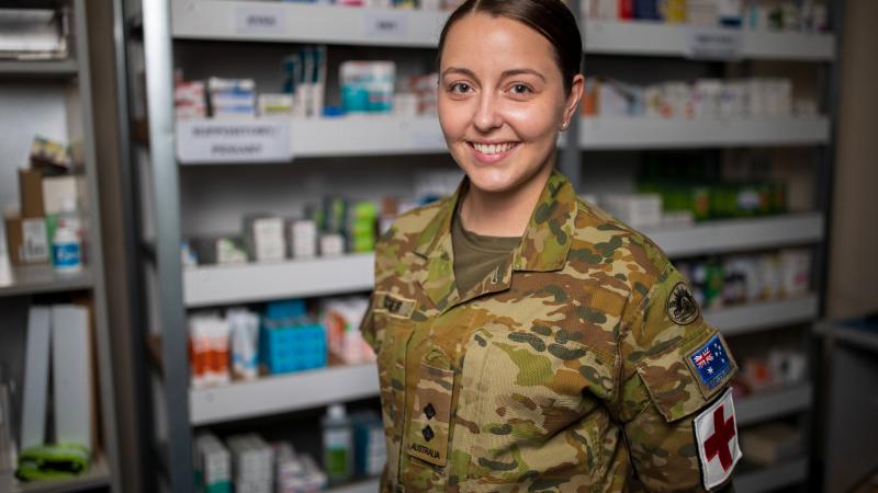 Lieutenant Amanda Dreger in the dispensary at the ADF’s main operating base in the Middle East. Photo: Sergeant Glen McCarthy