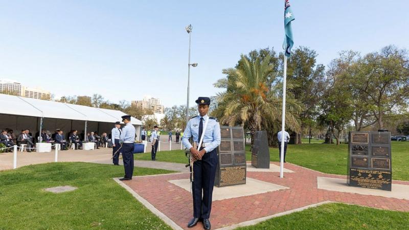 Air surveillance operators, from No. 1 Remote Sensor Unit, RAAF Base Edinburgh, make up the catafalque party for the Battle of Britain 2021 Commemoration held at Torrens Parade Ground, Adelaide. Photo: Leading Aircraftman Stewart Gould