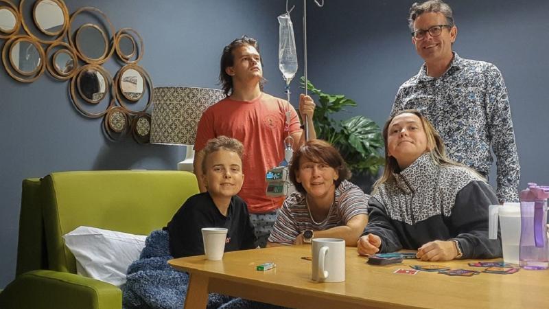 Maddy Marshall, left, with her family, from left, Bailey, Robyn, Gabby and Adrian at the Gold Coast University Hospital during Maddy’s treatment for acute myeloid leukaemia in May.