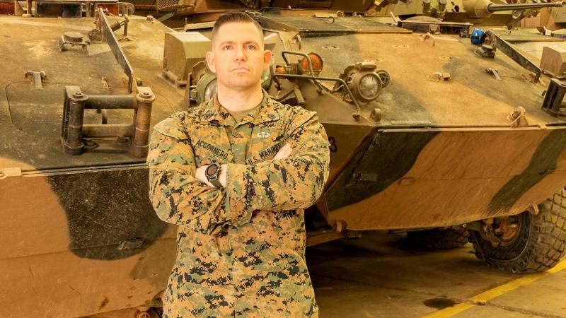 Gunnery Sergeant Ryan Accornero is one of two US marines awarded a Navy and Marine Corps Achievement Medal for saving houses from a fire at Puckapunyal in December last year.