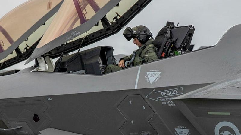 RAAF pilot Squadron Leader Tobias Liddy-Puccini in his F-35A on the flightline. Photo: Sergeant Rodney Welch