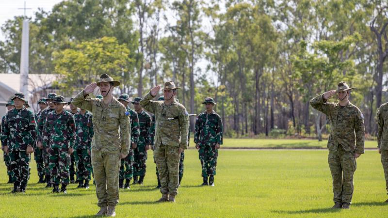 Lieutenant Colonel Mathew Dirago salutes guests from the ADF and Tentara Nasional Indonesia Angkatan Darat during the opening ceremony of Exercise Wirra Jaya 2021 at Robertson Barracks, NT. Photo: Corporal Rodrigo Villablanca