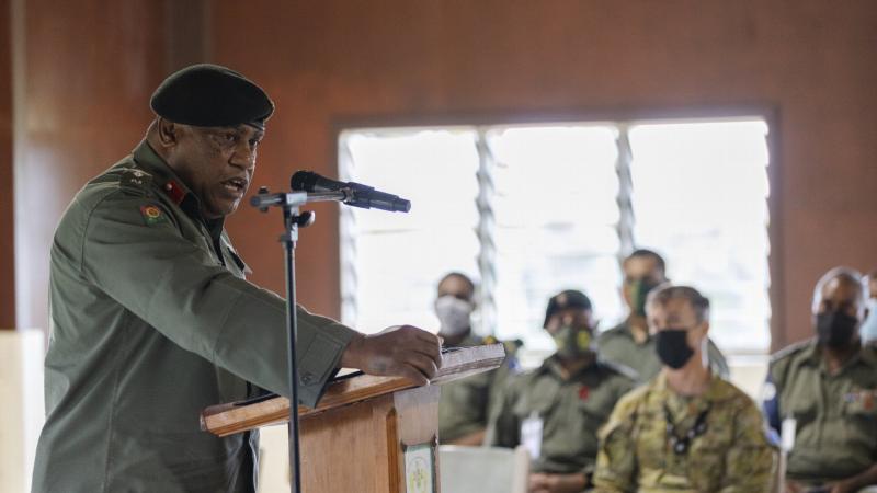 Colonel Onisivoro Covunisaqa, Commander Land Force Republic of Fiji Military Forces, addresses military members from the RFMF and Australian Army during the opening of Exercise Coral Warrior in Suva, Fiji. Photo: Corporal Sagi Biderman
