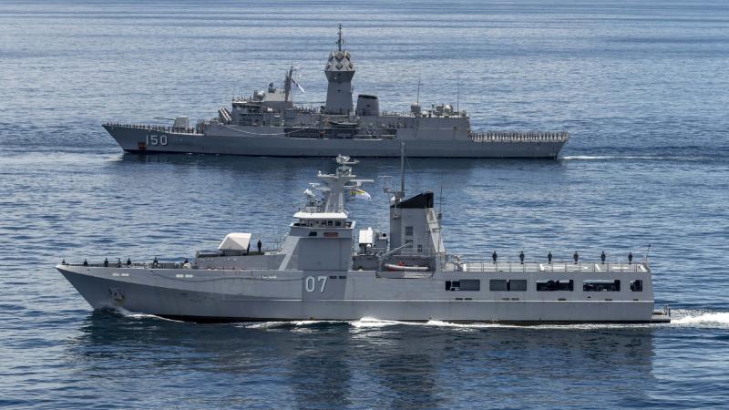 HMAS Anzac sails in company with Royal Brunei Navy ship KDB Darulehsan during Indo-Pacific Endeavour 21. Photo: Leading Seaman Leo Baumgartner