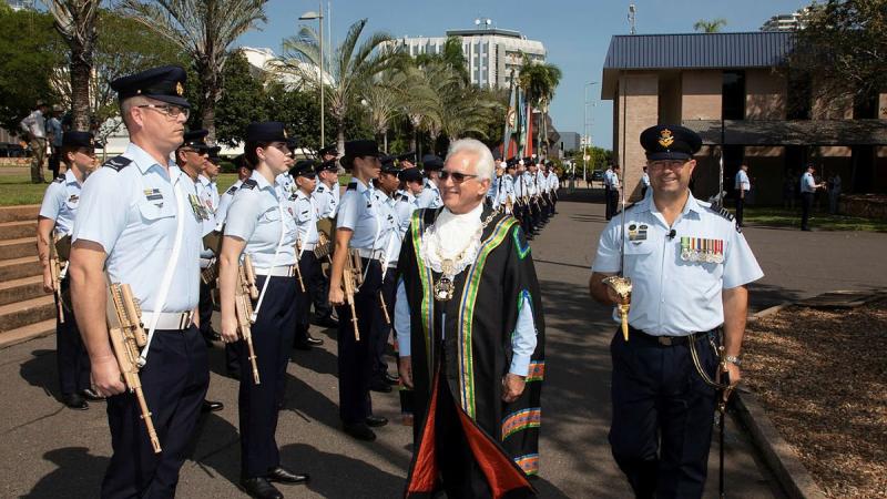 Lord Mayor of Darwin Kon Vatskalis inspects RAAF Base Darwin personnel before the Freedom of Entry parade through Darwin. Photo: Sergeant Pete Gammie