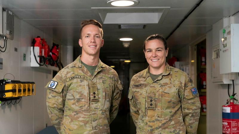 Army radiographer Lieutenant John Langley and physiotherapist Lieutenant Alison Muller in the health centre in HMAS Canberra during Indo-Pacific Endeavour 21. Photo: Leading Seaman Nadav Harel