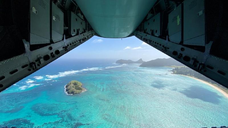 The view of Lord Howe Island from the back of an Air Force C-27J Spartan aircraft. Photo: Flying Officer Lily Lancaster