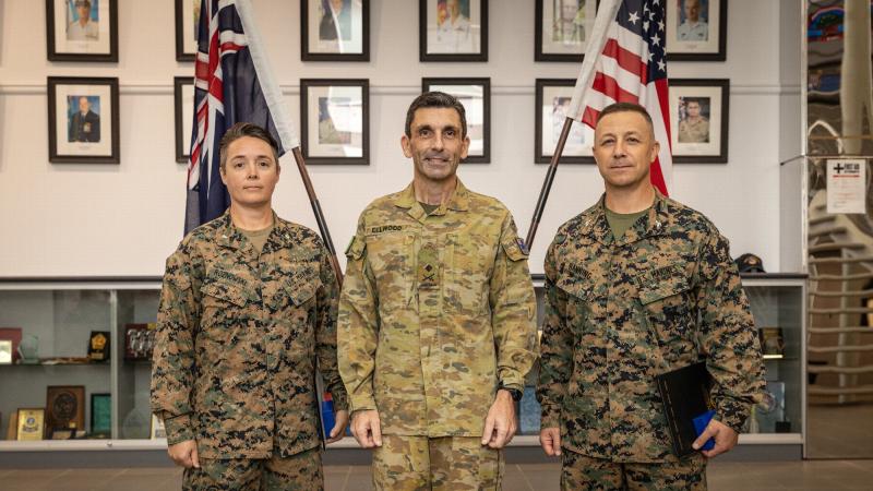 US Marine Corps' Lieutenant Colonel Amy Roznowski, left, Commander 1st Division Major General Justin Ellwood and US Marine Corps' Colonel David Banning at the presentation of the ADF Gold Commendations. Photo: Corporal Colton K Garrett US Marine Corps