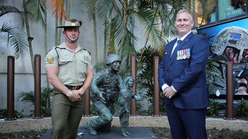 Corporal Ty Fergus, of the 6th Engineer Support Regiment, who helped build the Afghanistan War Memorial Garden in Brisbane, with 42 for 42 Board President and former combat engineer, Sean Mulqueen, at the memorial's opening.