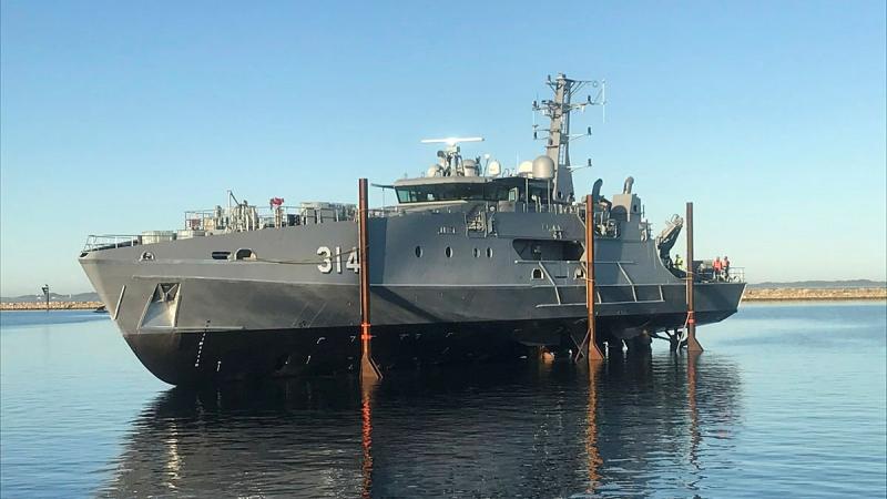 The first Evolved Cape-class patrol boat in the water after being launched. Photo: Austal