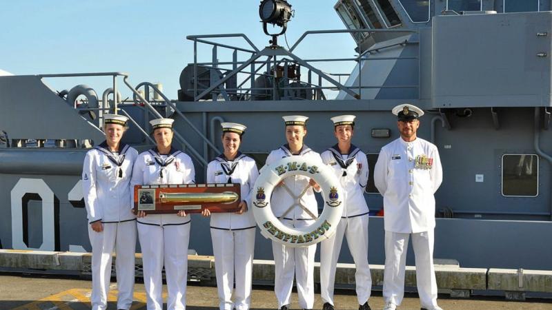 HMAS Shepparton's Hydrographic Department proudly displays the First Lady of the Fleet plaque at HMAS Cairns.