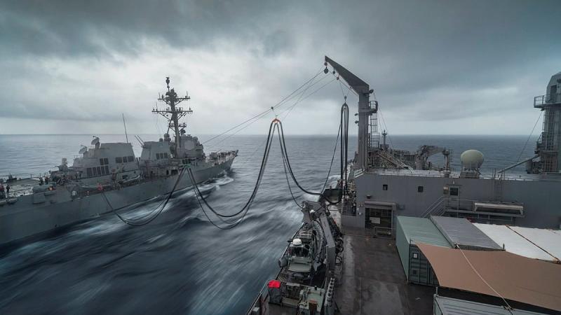 HMAS Sirius conducts a replenishment at sea with USS Stockdale during Indo-Pacific Endeavour 21. Photo: Leading Seaman Sittichai Sakonpoonpol