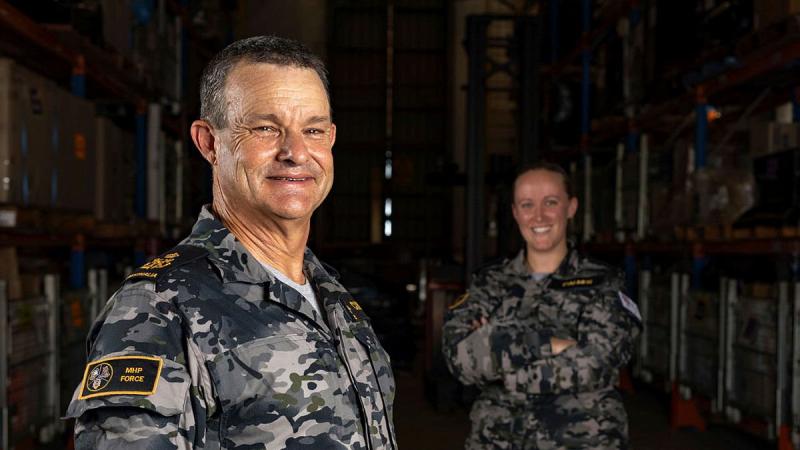 Petty Officer Ross Currie, left, and Seaman Caitlin Palmer wear the Navy's new maritime multi-cam pattern uniform at Fleet Logistic Support Element - Darwin, HMAS Coonawarra. Photo: Leading Seaman Shane Cameron