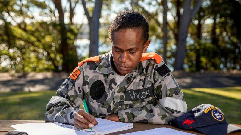 Vanuatu Police Maritime Force Wing member PC Merwel Vocor studying at HMAS Creswell. Photo: Leading Seaman Ryan Tascas