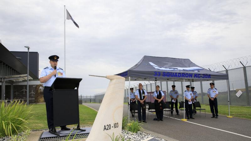 Commanding Officer No. 33 Squadron Wing Commander Neil Bowen at the commemorative service in the Wilberforce memorial garden at RAAF Base Amberley, Queensland. Photo: CPL Brett Sherriff