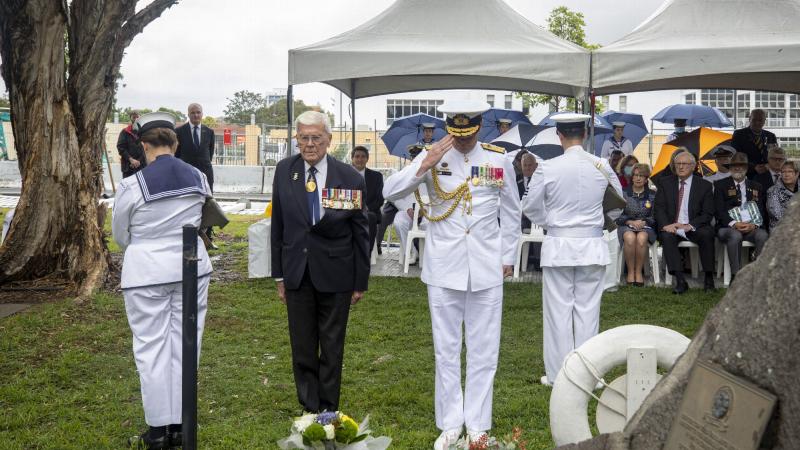 Rear Admiral Guy Griffiths AO, DSO, DSC, RAN (Ret’d) and Rear Admiral Mark Hammond, AM, RAN lay wreaths during the HMAS Parramatta II memorial service held at Queen's Wharf Reserve, Parramatta. Photo: Leading Seaman Leo Baumgartner