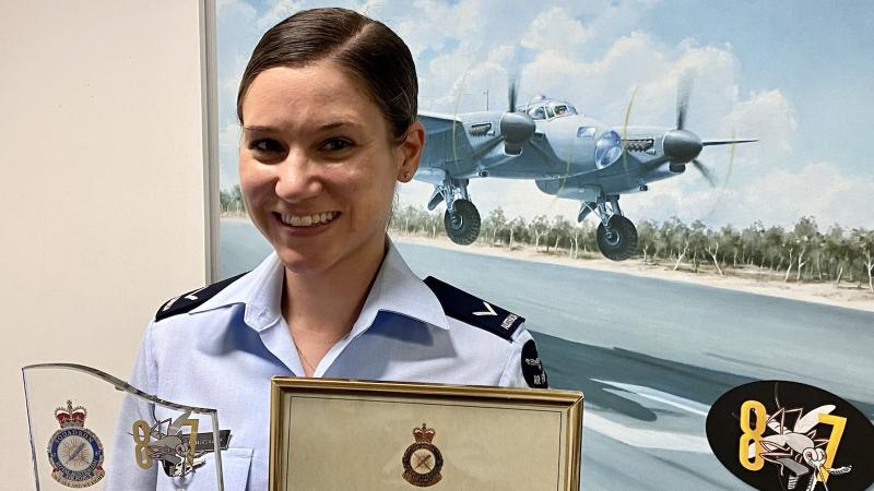 Air intelligence analyst Leading Aircraftwoman Cindy Whitaker, of No. 87 Squadron, is the recipient of the 2021 Max Cowin Award, presented at RAAF Base Richmond. 