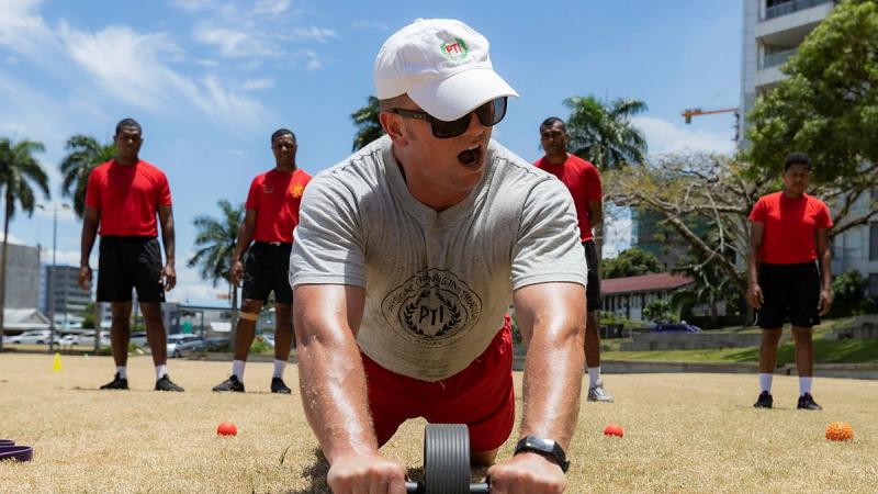 Sergeant Cameron Scales delivers a physical training lesson for members of the Republic of Fiji Military Forces during Exercise Coral Warrior 2021 in Fiji. Photo: Corporal Sagi Biderman
