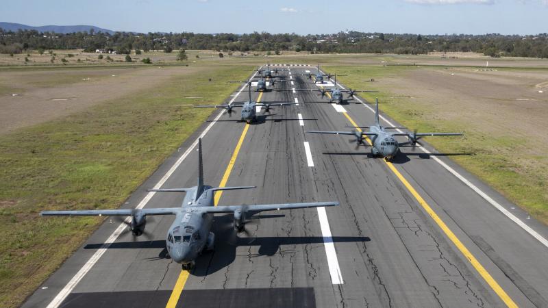 C-27J Spartan aircraft from No. 35 Squadron on the cross-strip runway prior to take off, at RAAF Base Amberley, Queensland. Photo: Leading Aircraftwoman Emma Schwenke