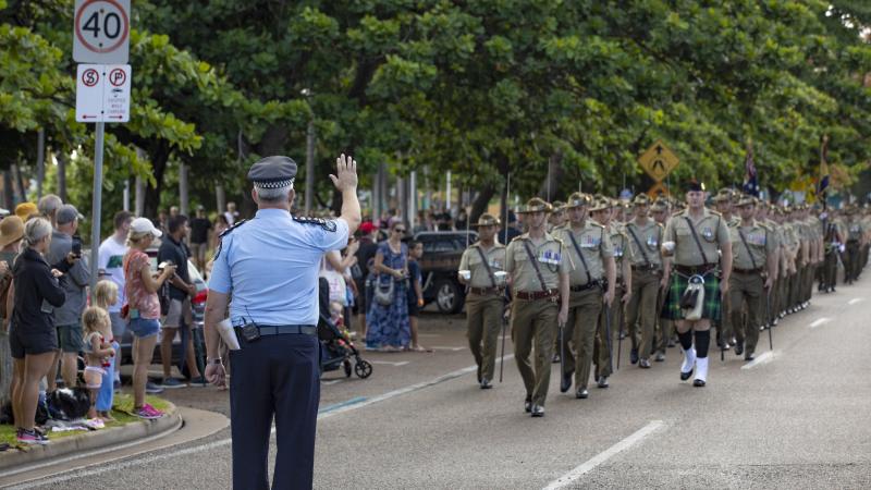 2 RAR (Amphib), are halted and challenged by Townsville District Commander, Queensland Police Service Chief Superintendent Craig Hanlon for the 50th anniversary of the Freedom of Entry to the city of Townsville. Photo: Corporal Jesse Kane