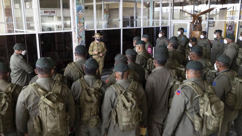 Commanding Officer of Joint Task Group 637.3, Lieutenant Colonel Steve Frankel, speaks to soldiers from the Republic of Fiji Military Force, at Honiara International Airport, Solomon Islands on 30 November. Photo: Corporal Brandon Grey