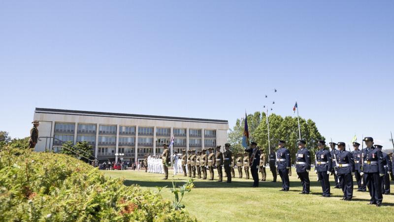 Six S70A-9 Black Hawk and MRH90 Taipan helicopters from 6 Aviation Regiment fly over Russell Offices, to mark the establishment of Army Aviation Command. Photo: Jay Cronan