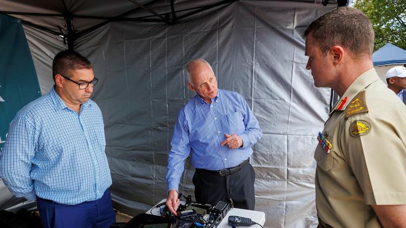Commander Forces Command Major General Matthew Pearse speaks with Australian industry employees at the C4-Edge capability display at Russell Offices in Canberra. Photo: Sergeant Cameron Pegg