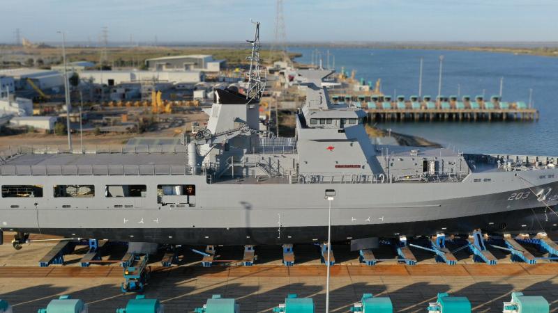 Arafura-class Offshore Patrol Vessel NUSHIP Arafura at Osborne Naval Shipyard in South Australia.