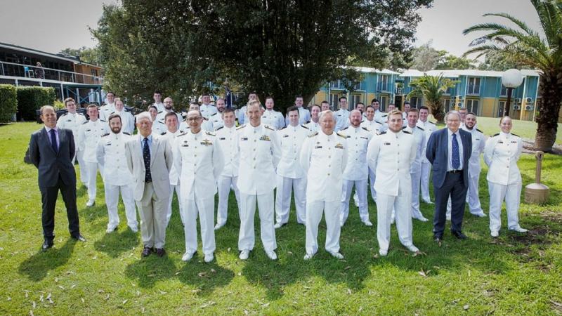 Commodore Training Commodore Charles Huxtable and other senior officers and special guests with the graduates of the Maritime Warfare Officer Course 07. Photo: Leading Seaman Leo Baumgartner