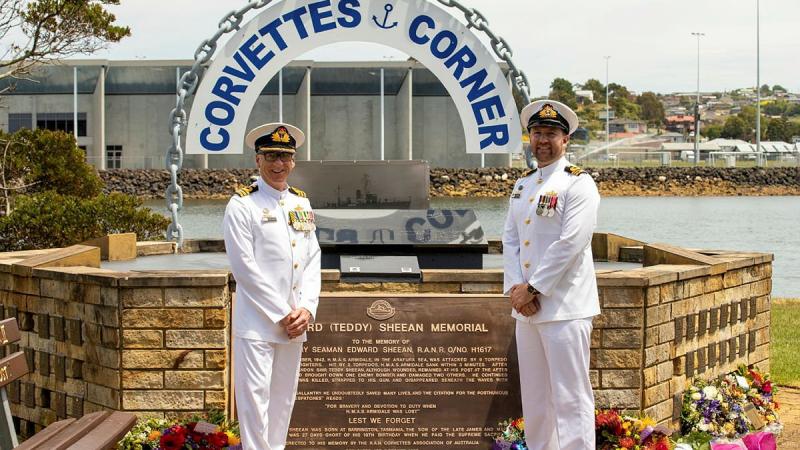 Commanding Officer Naval Headquarters Tasmania Commander Andrew Wright and Commanding Officer HMAS Launceston Lieutenant Commander Nicholas Graney at the Teddy Sheean VC memorial in Ulverstone, Tasmania.