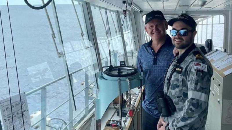 Maritime warfare officer Sub Lieutenant Jacques de Villiers on watch on HMAS Sirius’ bridge with his father Bertus during the family cruise.